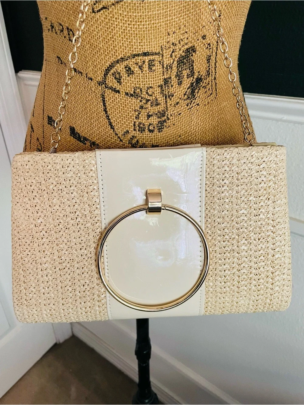 Neutral Straw Crossbody Bag with Gold Ring & Tassel
